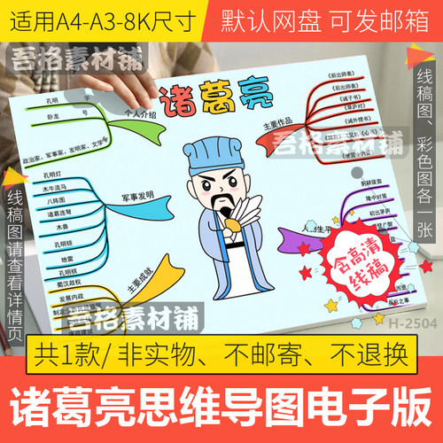 诸葛亮思维导图模板电子版三国演义四大名著历史人物手抄报线稿A4