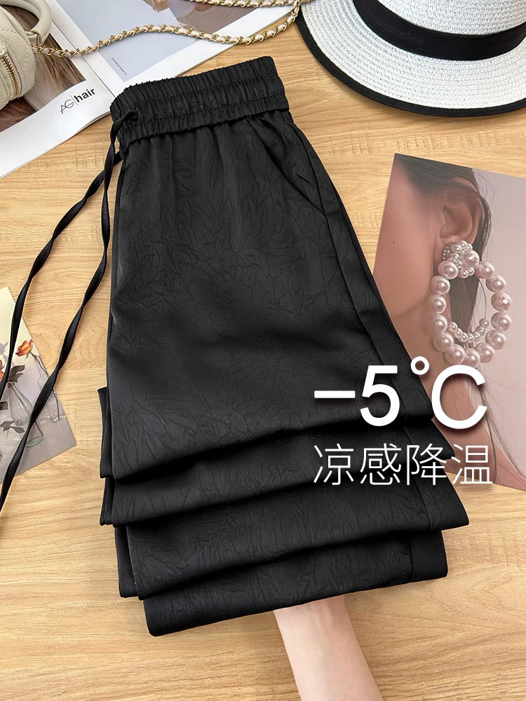 高级感醋酸缎面阔腿裤女夏薄款垂感2025新款宽松休闲国风直筒裤子