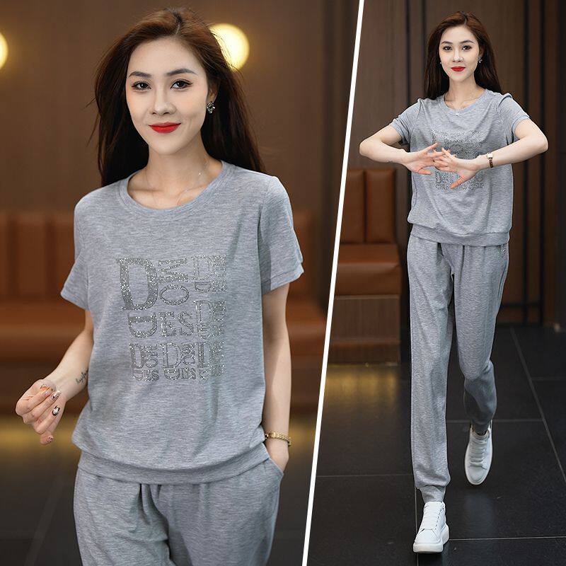 运动套装女夏季新款时尚减龄重工烫钻短袖大码女士宽松休闲两件套