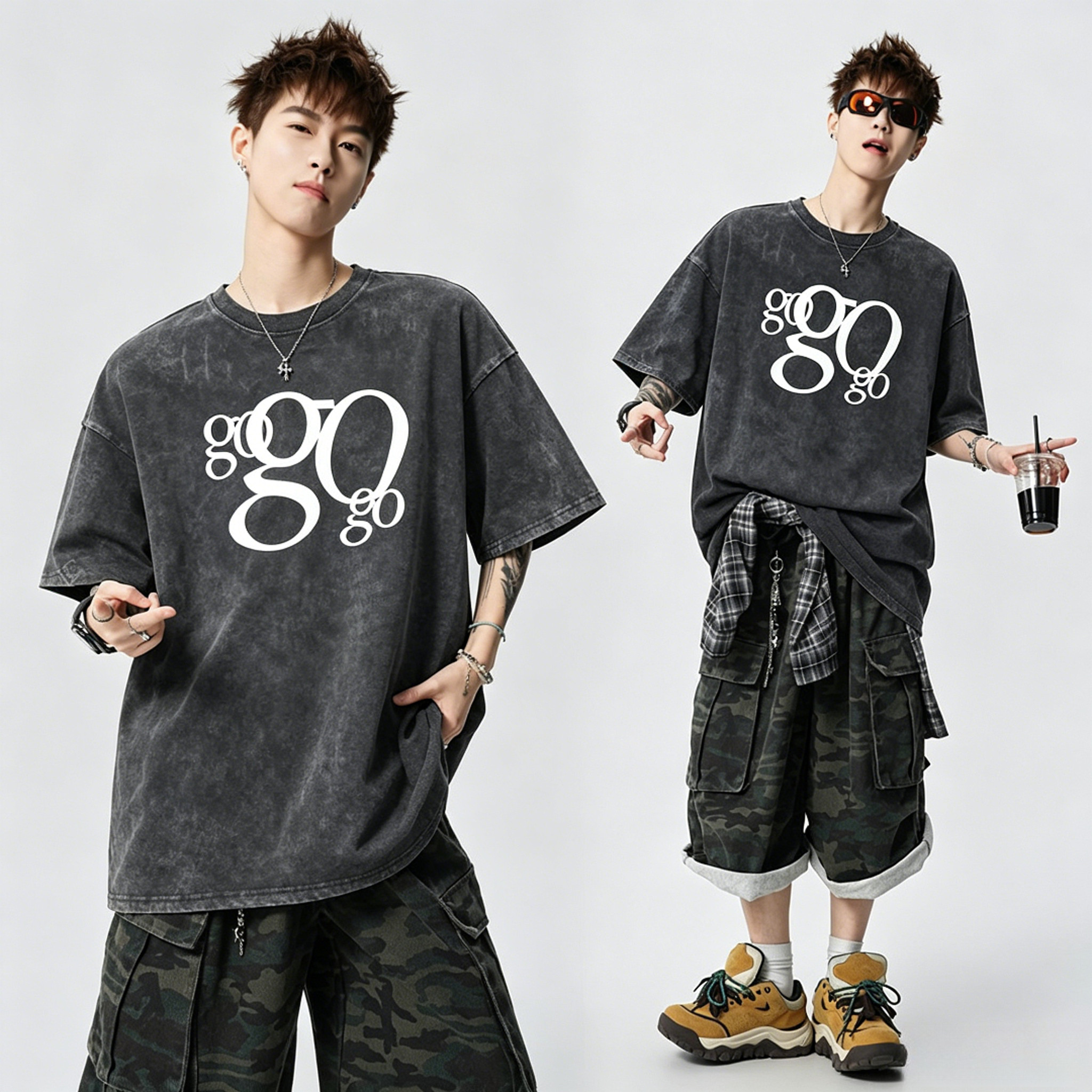 【短袖-GOGOGO】做旧美式潮牌复古T恤男女款宽松版重磅纯棉上衣夏