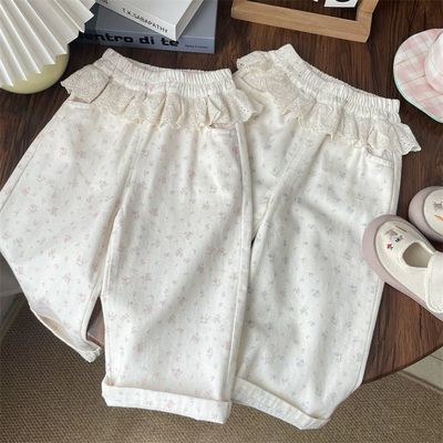 春秋女宝小碎花蕾丝花边直筒裤