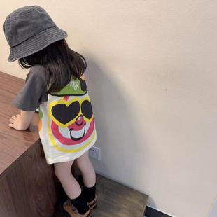 女童短袖新款上衣儿童拼接中长款T恤女孩子卡通动漫潮款宽松上衣