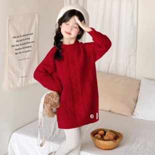 温柔慵懒风红色麻花纹圆领毛衣裙女童宽松套头针织衫中大童毛衣