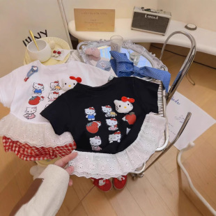 女童新款夏季蕾丝花边凯蒂猫卡通印花宝宝纯棉T恤儿童时尚短袖