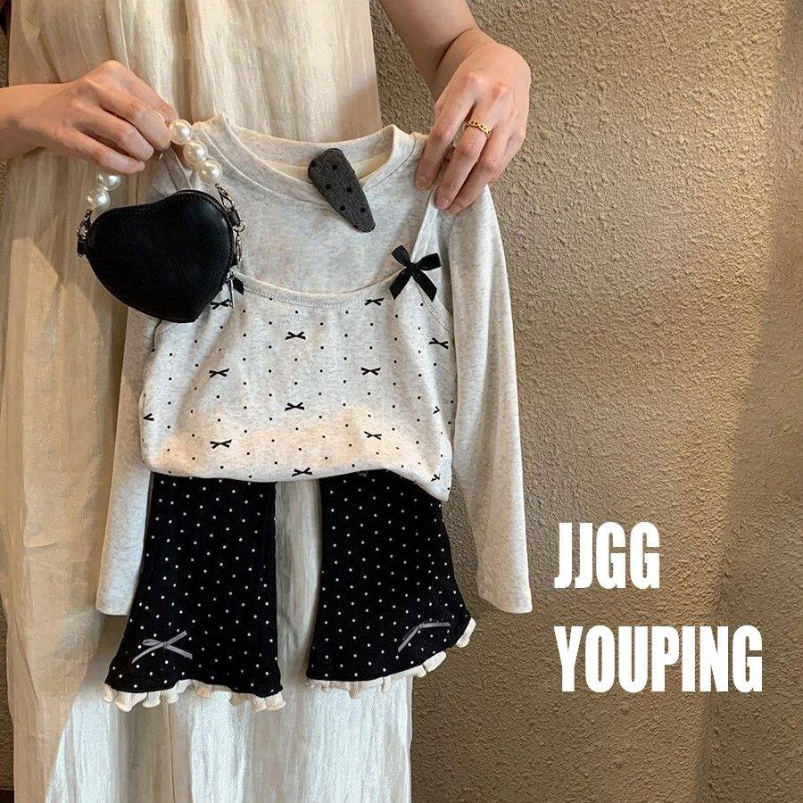 女童春季套装儿童波点蝴蝶结喇叭裤宝宝假两件长袖上衣洋气时髦款