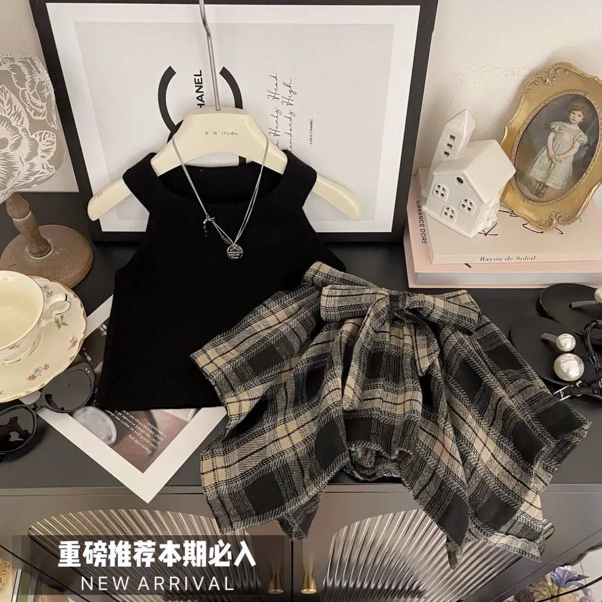 女童夏季美式吊带格子裙裤套装图片