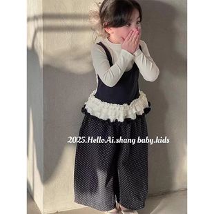 女童套装2026春款女宝宝假两件T恤蕾丝花边打底衫波点阔腿裤两件