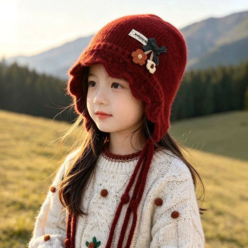 儿童帽子秋冬季保暖加厚防风护耳帽女宝宝韩系花朵防风出游毛线帽