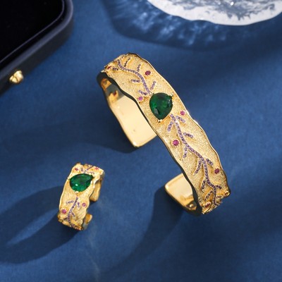 跨境欧美时尚经典法式树枝纹理镶嵌锆石手镯戒指一套女士饰品套装