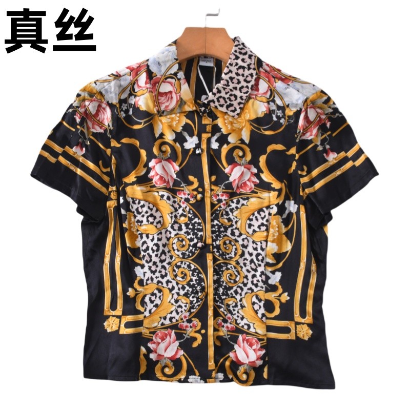 高货真丝桑蚕丝素绸缎复古老花印花短袖衬衫上衣