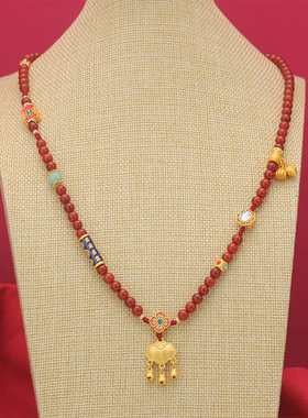 绢芭古法金铜玛瑙毛衣长链女红色