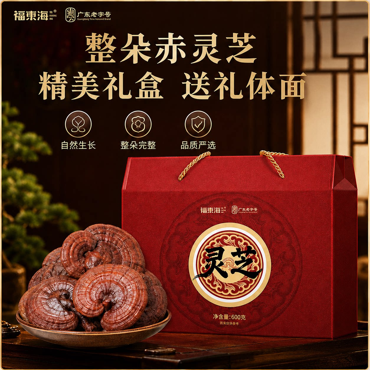 【节日礼物】福东海灵芝礼盒600克整朵灵芝片可自磨粉泡酒药材