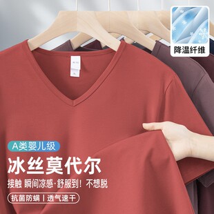 莫代尔凉感薄款短袖T恤男铁锈红纯色V领鸡心领薄款抗菌半袖上衣潮