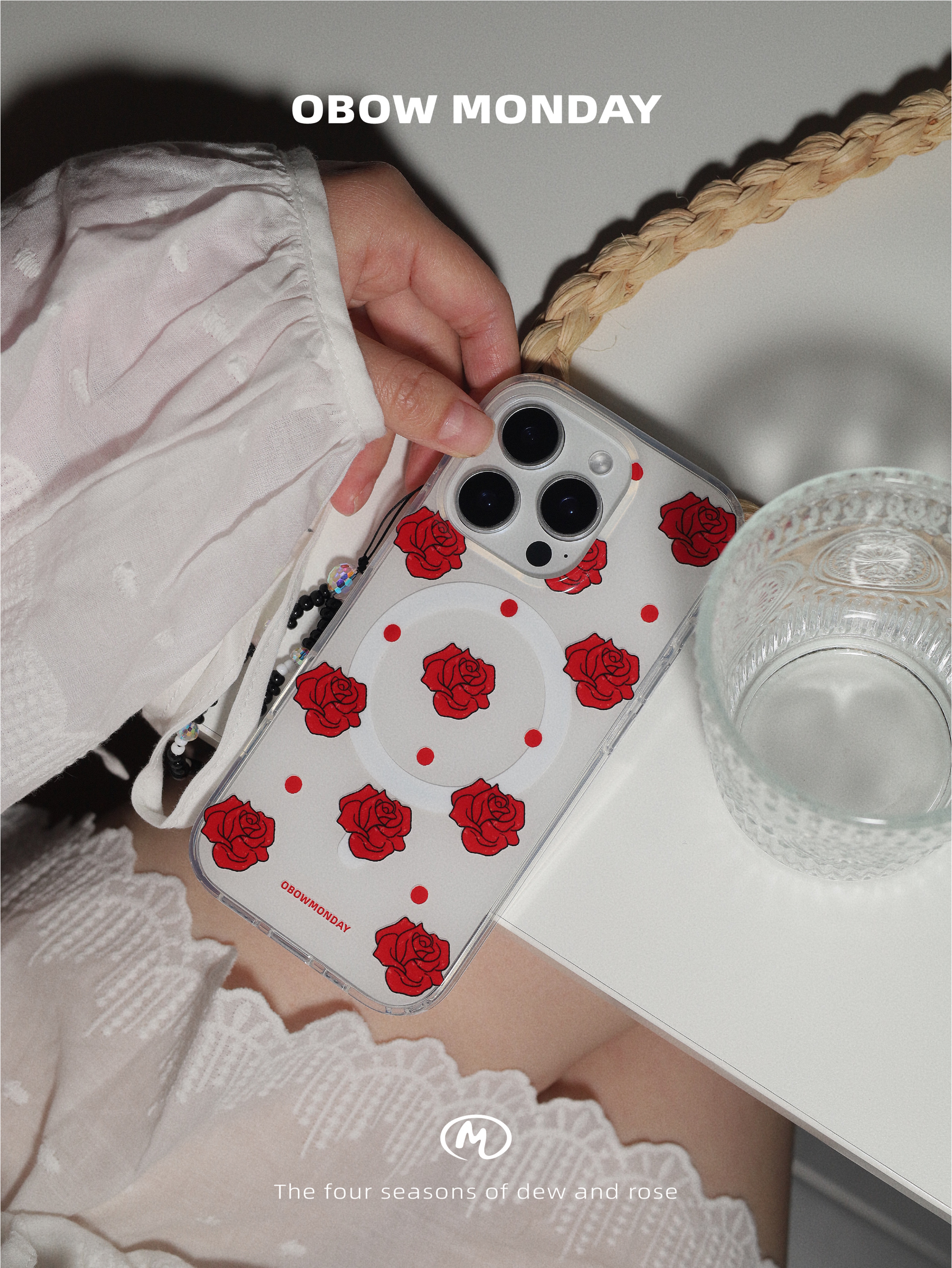 OBOW星期一·露珠与玫瑰·16pro磁吸手机壳16promax软壳15pro透明壳