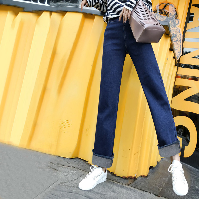 卷边直筒阔腿裤牛仔裤女宽松显瘦韩版waitmore小个子2023春装新