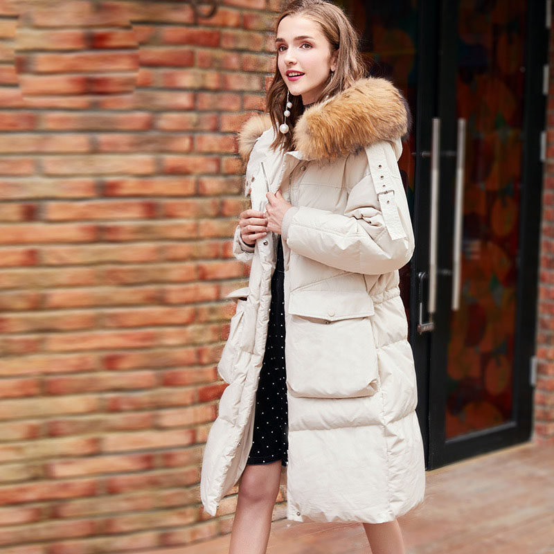 zk lin中长款过膝貉子大毛领羽绒服个性口袋时尚加厚修身秋冬新款