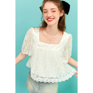 蕾丝镂空娃娃衫上衣仙女超仙盘扣法式温柔甜美短款2025夏季新款