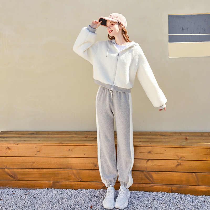 zklin旗舰店高级感羊羔毛加厚加绒卫衣休闲运动服两件套装女装秋,女装/女士精品,时尚套装,淘宝优惠券,粉丝福利购,淘宝优惠卷