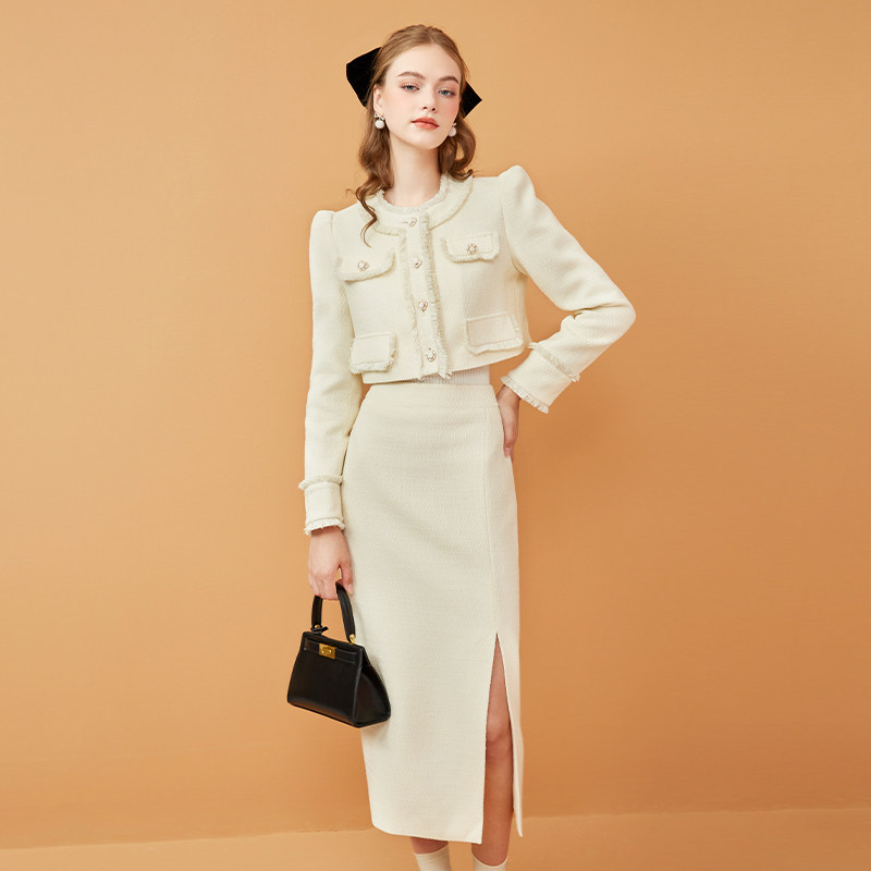 法式复古小香风半身裙女2025秋冬新开叉高腰显瘦包臀中长裙小个子