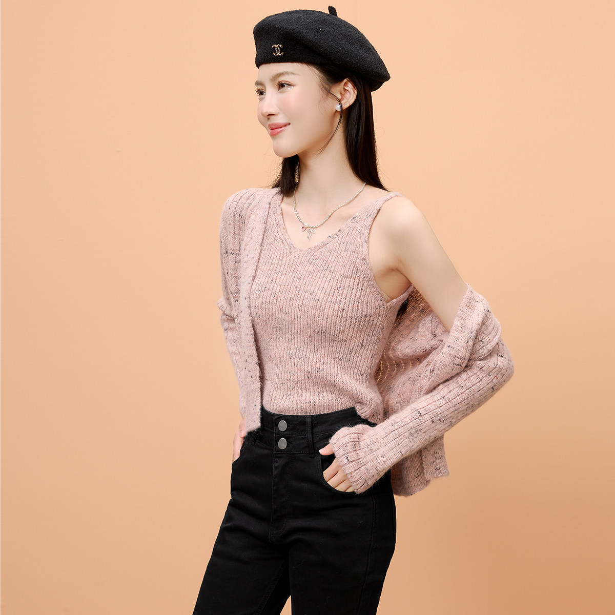 复古彩色花纱早秋chic上衣针织衫2026新款针织背心毛衣开衫两件套