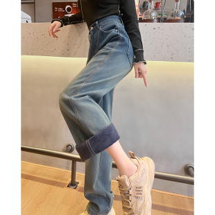 窄版直筒加厚牛仔裤加绒裤女士拖地阔腿裤子2025年春秋新款小个子