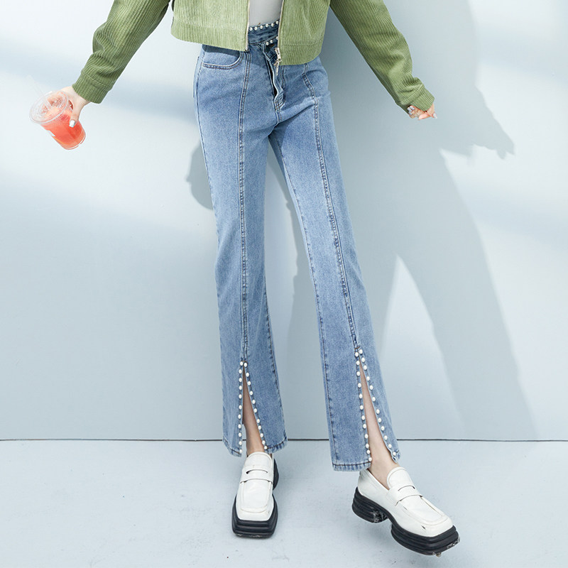钉珠前开叉微喇叭牛仔裤子女高腰显瘦设计感小众2024春新款小个子