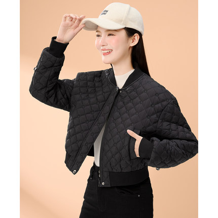 zk lin夹棉小香风短外套菱格棒球服女2025独特漂亮的初冬新款厚