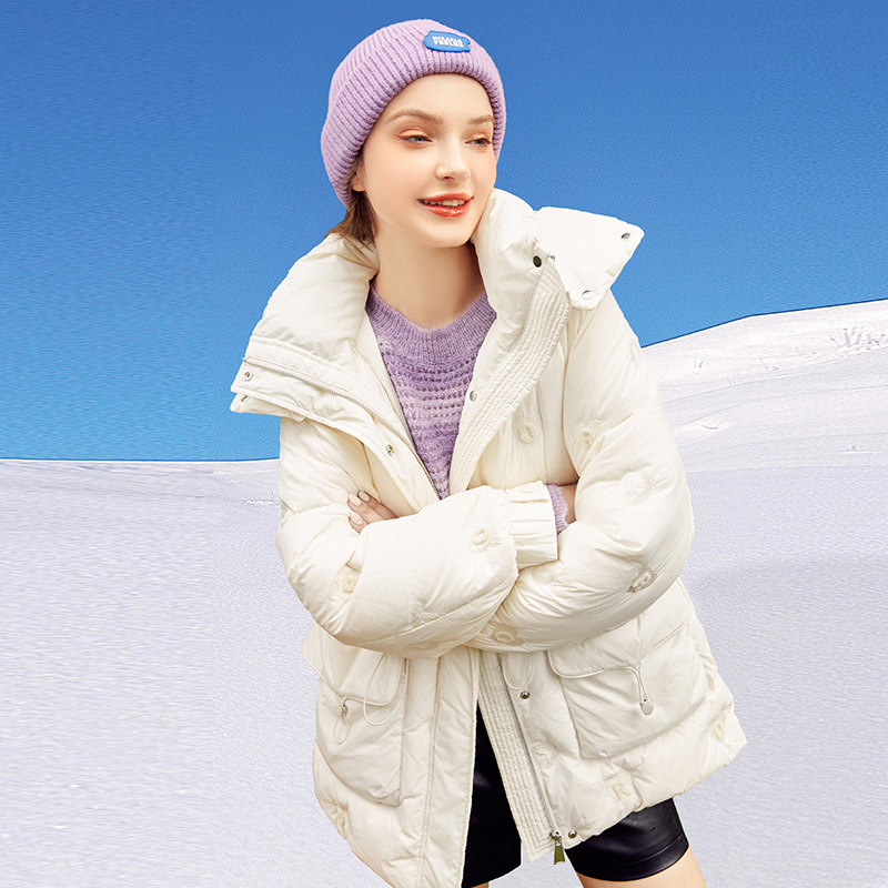 小众刺绣收腰羽绒服女冬2025新款小个子连帽设计感中长款保暖外套