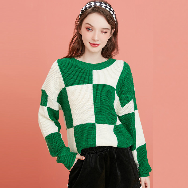 棋盘格子毛衣女复古高级设计感小众针织衫宽松上衣2025秋新款ins