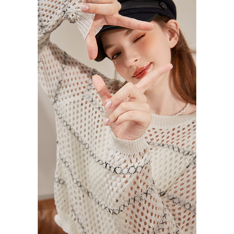 zklin韩版慵懒风拼接镂空针织衫女宽松百搭洋气上衣2025春秋新款