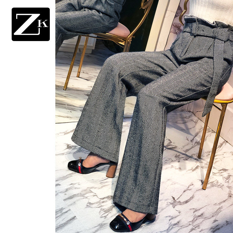 ZX格纹阔腿裤女高腰时尚韩版宽松2018秋冬新款显瘦学生chic长裤子