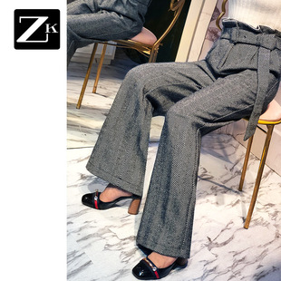 ZX格纹阔腿裤女高腰时尚韩版宽松2018秋冬新款显瘦学生chic长裤子