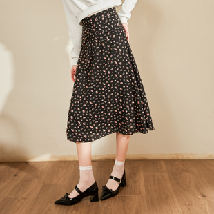 zklin复古黑色碎花雪纺半身裙女2023早秋新款高腰显瘦a字中长裙子