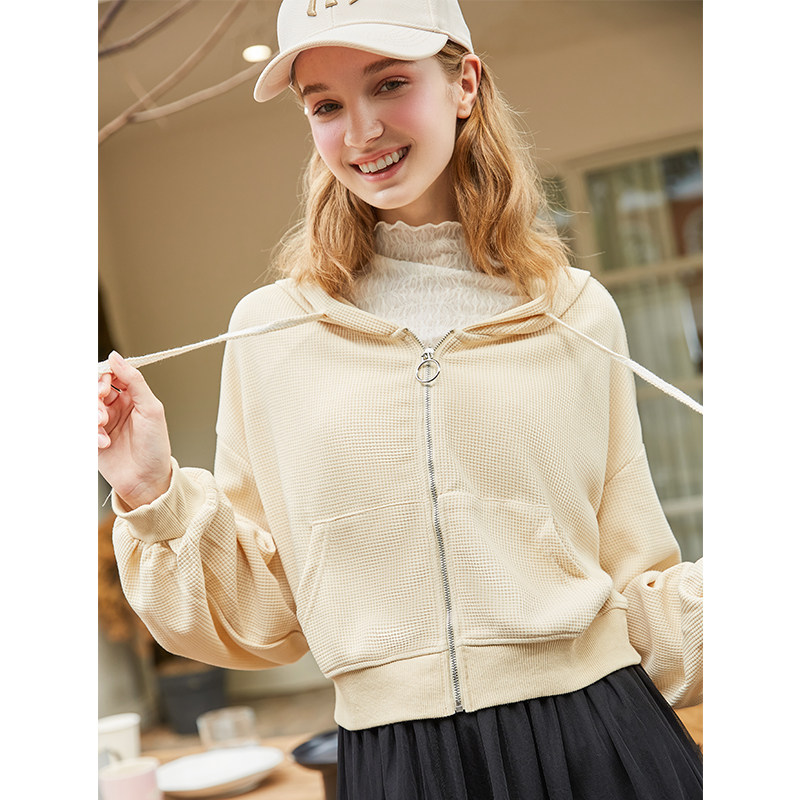 美式复古短款连帽卫衣2025春秋新款华夫格小个子拉链开衫外套上衣