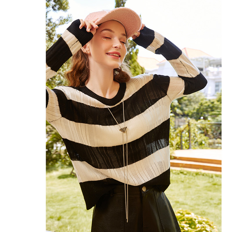 链条黑白条纹针织衫女薄款设计感上衣韩版慵懒风毛衣2024初秋新款