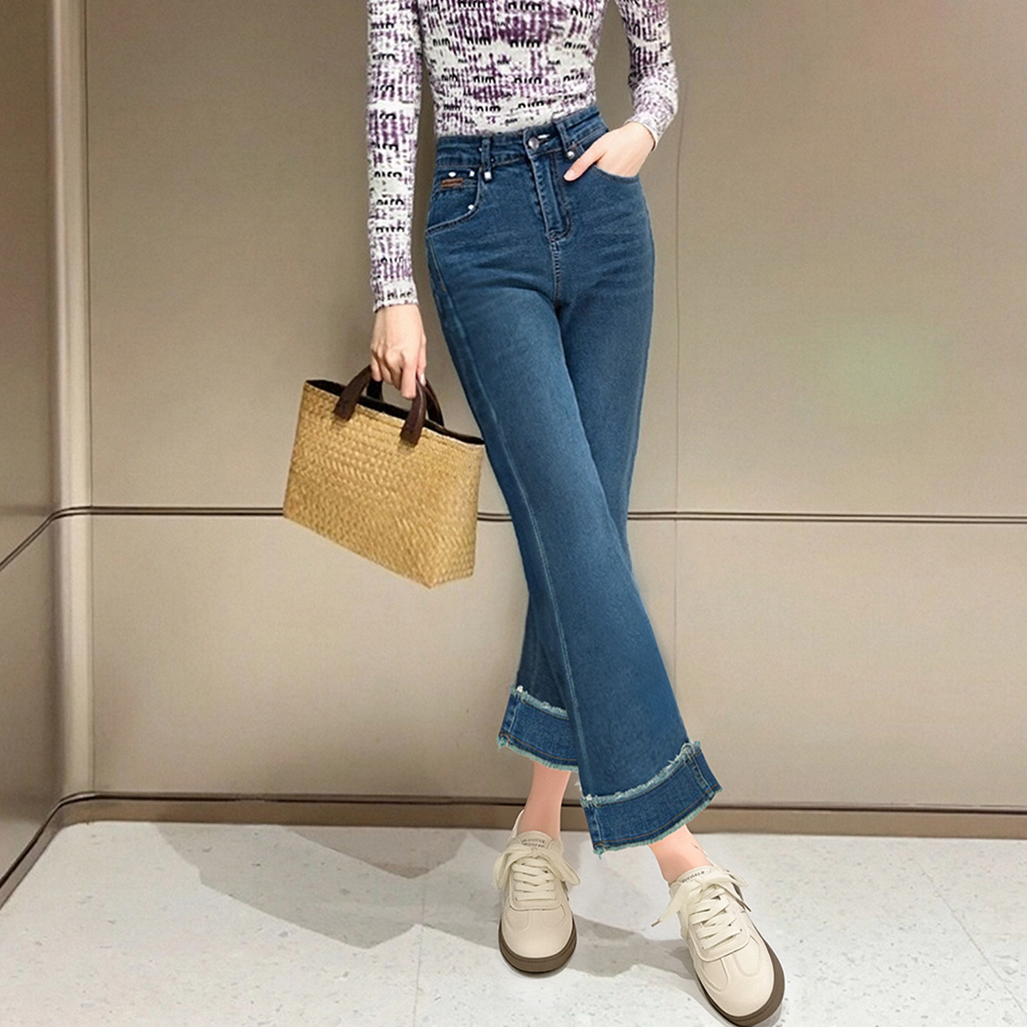 韩版四面弹拼接毛边脚口九分微喇牛仔裤女新款显高显瘦设计感裤子