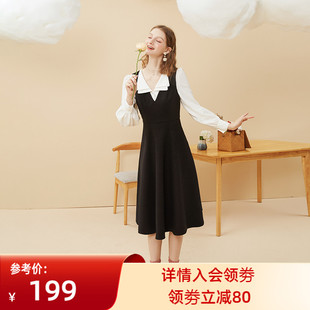 黑色毛呢背带连衣裙女中长款V领加厚桔梗大摆裙子20224春秋季新款