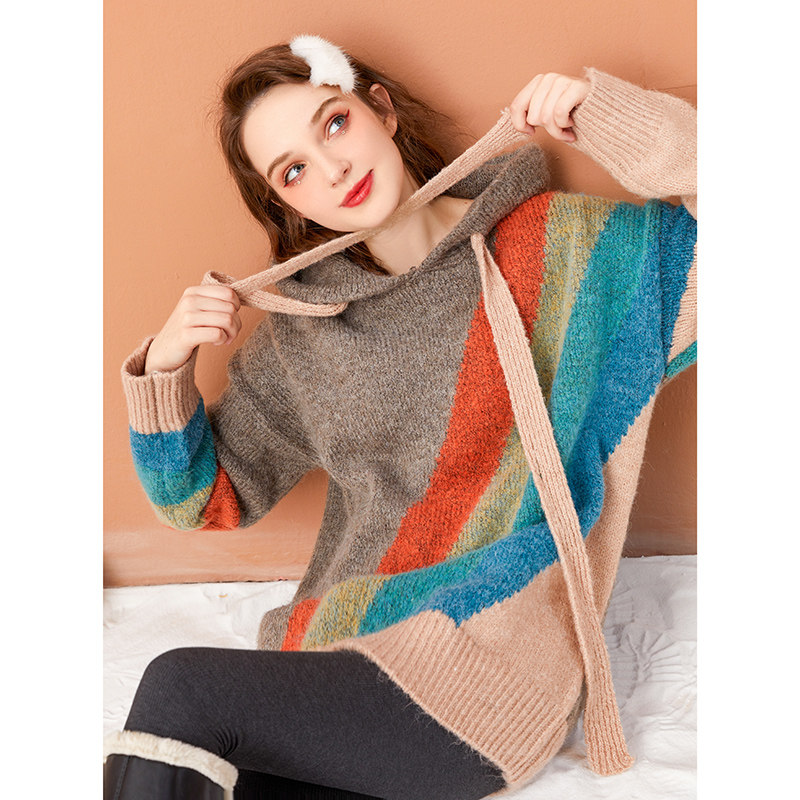 洋气减龄彩虹条纹设计感小众毛衣卫衣针织衫女复古日韩系慵懒秋冬