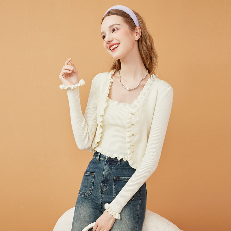 木耳边纯欲短款吊带开衫两件套装修身显瘦长袖针织上衣2023秋新款