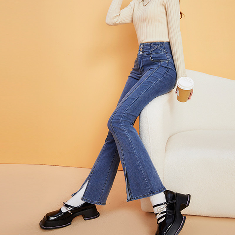 法式微喇叭开叉九分牛仔裤女复古显瘦超高腰小个子2023年春秋新款
