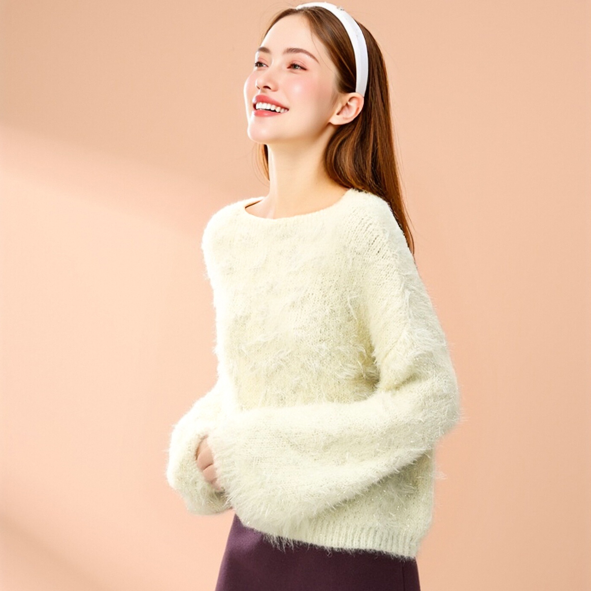 巨好看独特漂亮温柔圆领灯笼袖毛针织衫毛茸茸上衣女2025秋冬新款