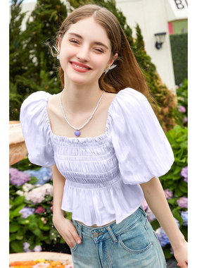 zk lin法式慵懒风紫色方领泡泡袖上衣2025夏季新款设计感百搭显瘦