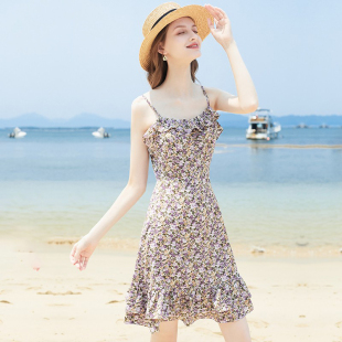 碎花雪纺吊带连衣裙女收腰显瘦A字裙荷叶边裙子2024夏季 新款