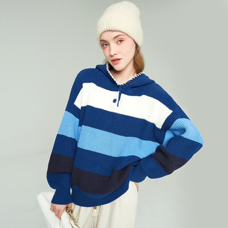 连帽撞色条纹高级感超好看毛衣