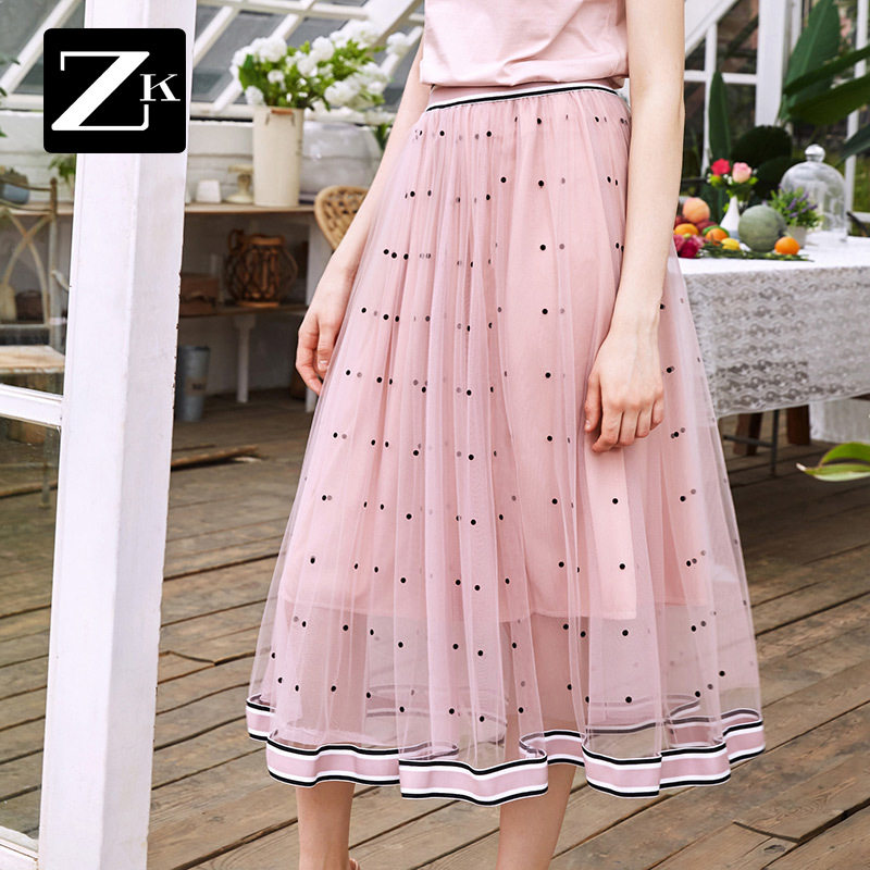 FG粉色波点网纱半身裙蓬蓬高腰中长款a字裙伞裙纱裙2019夏新款女