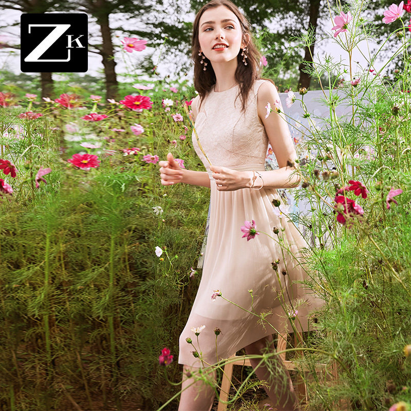 FG无袖网纱雪纺连衣裙高腰修身显瘦杏色裙sukol裙少女2019夏装款