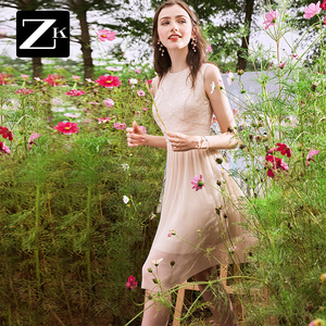 FG无袖网纱雪纺连衣裙高腰修身显瘦杏色裙sukol裙少女2019夏装款