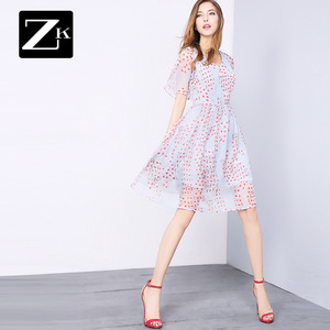 ZK碎花裙子小清新雪纺连衣裙女名媛印花喇叭袖时尚2017春季新款B