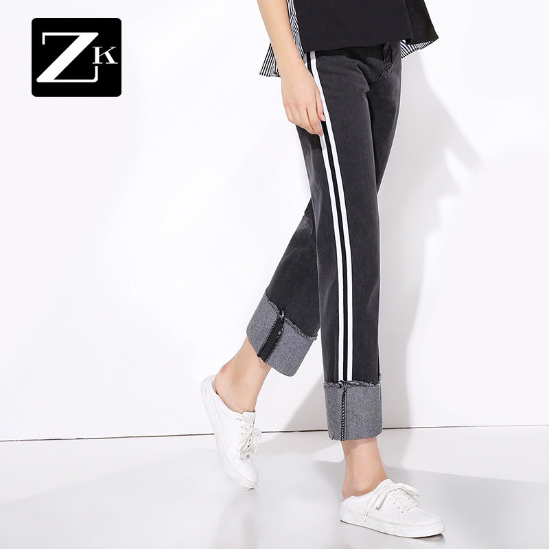 ZK黑色卷边条纹牛仔裤女夏季2018春秋新款宽松高腰九分裤铅笔裤潮