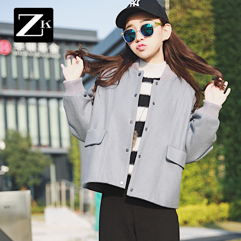 ZK秋冬季新女装羊毛单排扣圆领短款韩版毛呢外套显瘦妮子大衣女